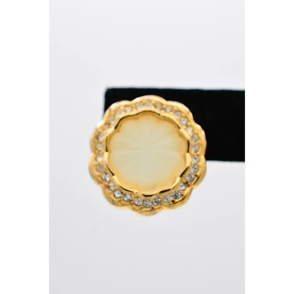 Christian Dior Vintage Clip On Earrings Frosted Glass Crystal Gold Signed BinAB